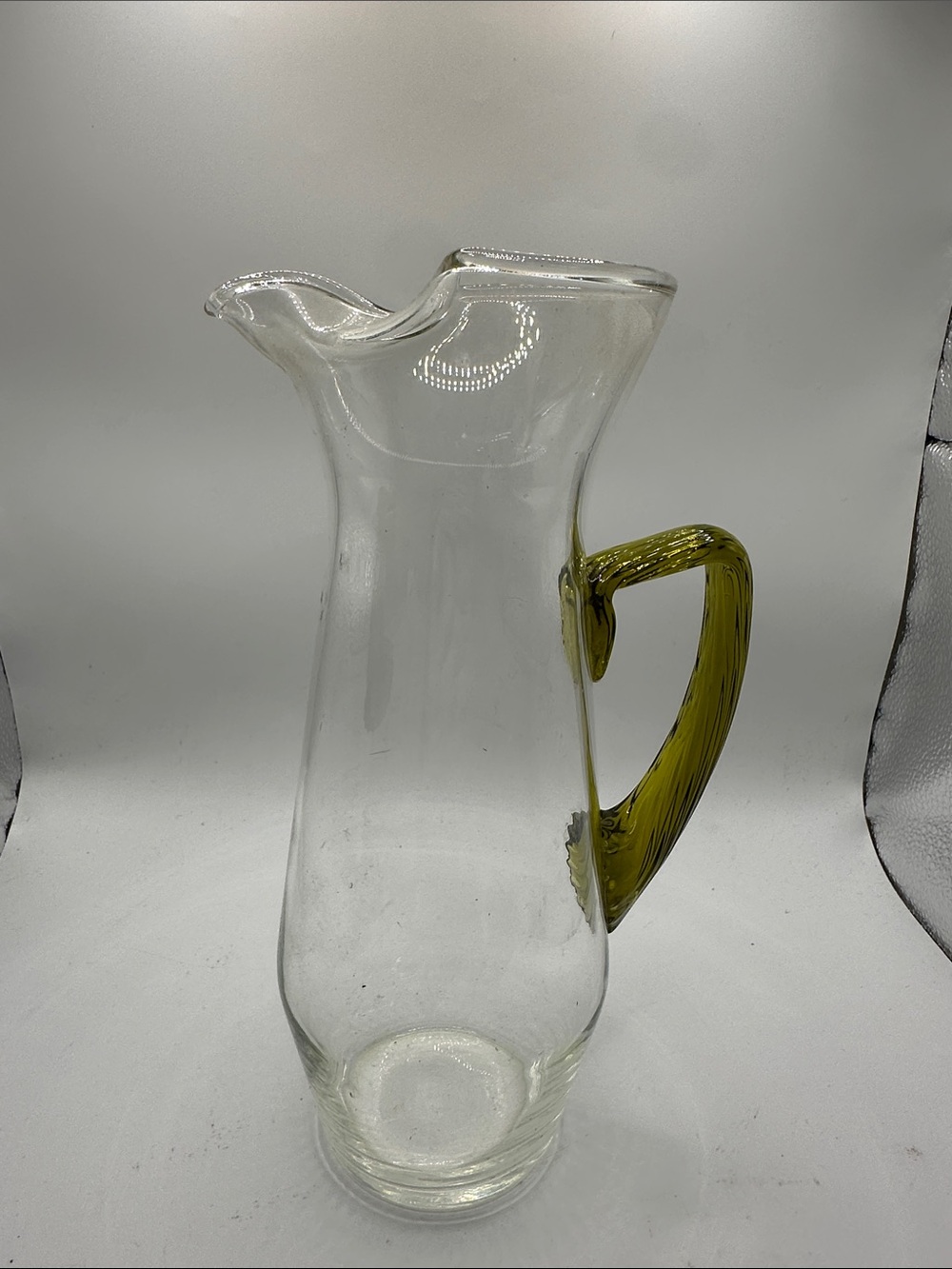 Clear Glass Pitcher with Olive Green Handle - Home Art 10” tall